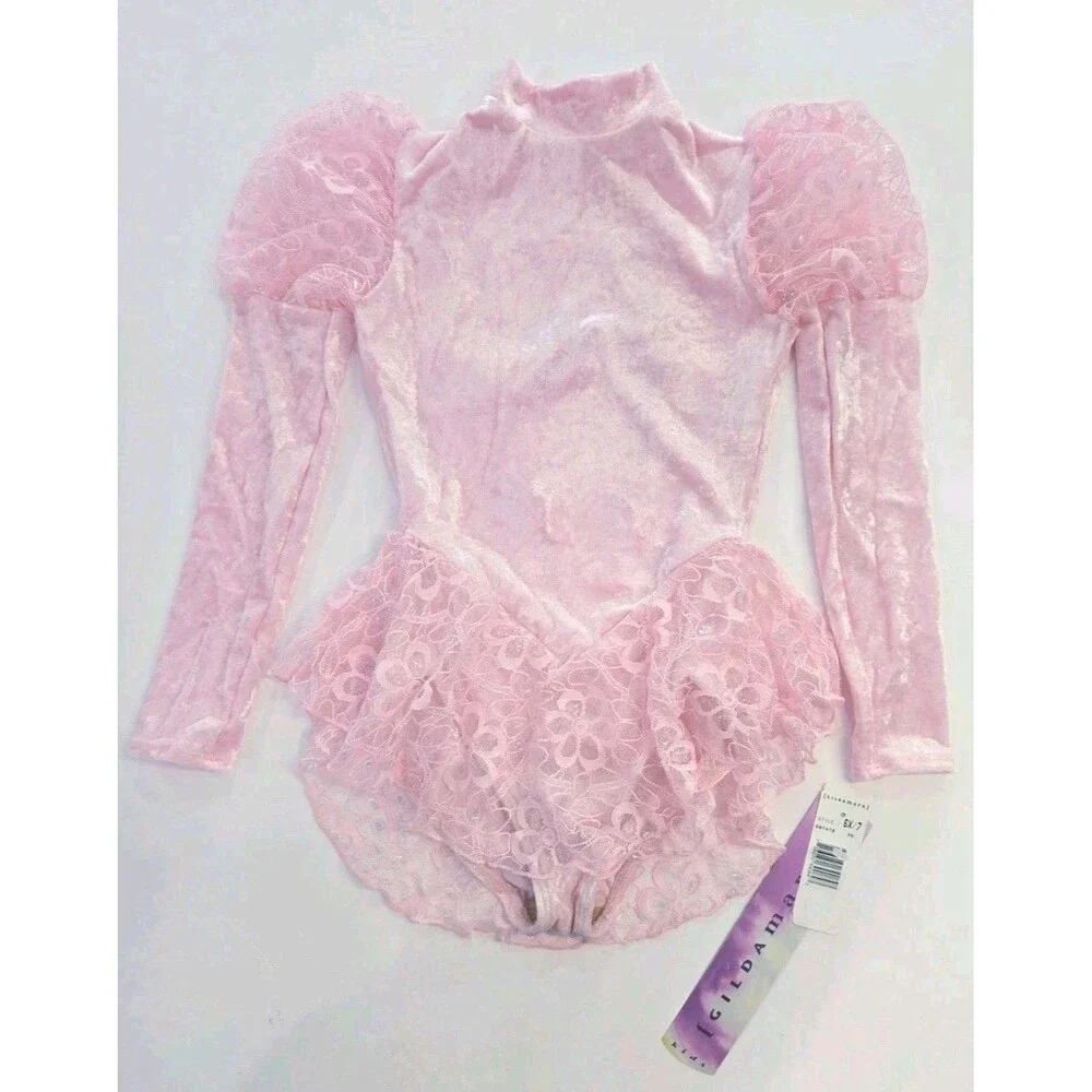 Gikda Marx VTG Kids High Neck Velvet Lace Skirted Princess Pink Leotard Sz 6X/7